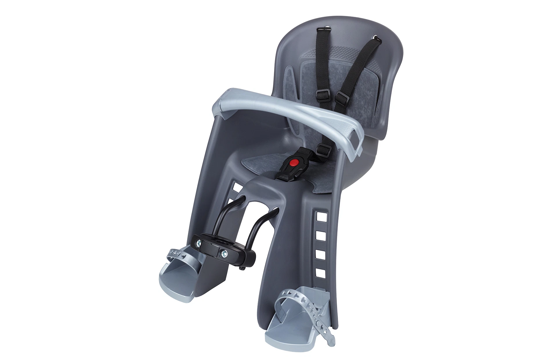 Diagonale Ansicht des Kinderfahrradsitzes mit Quick-Release-Halterung, geeignet für Kinder 9-15 kg