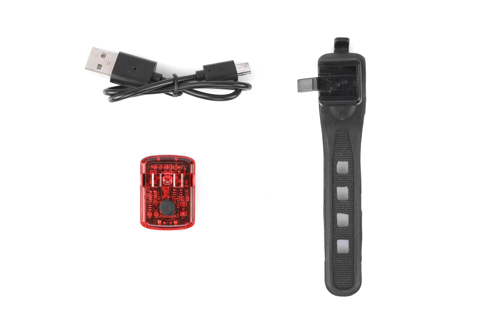 Rücklicht mit Lieferumfang (Licht, Kabel, Befestigung) auf weißem Grund