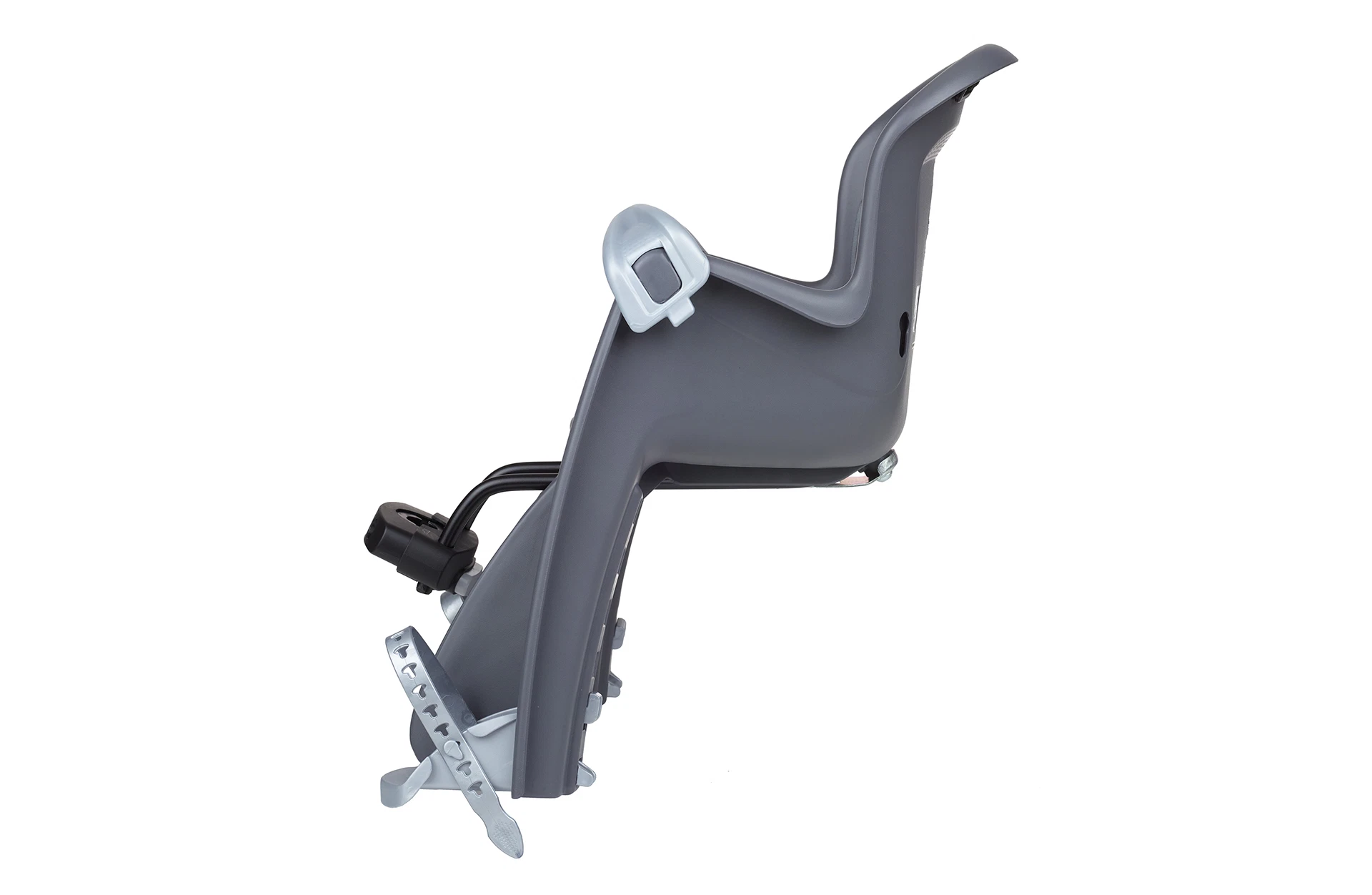 Seitenansicht des grauen Kindersitzes für Fahrräder und E-Bikes, Rahmenmontage vorne