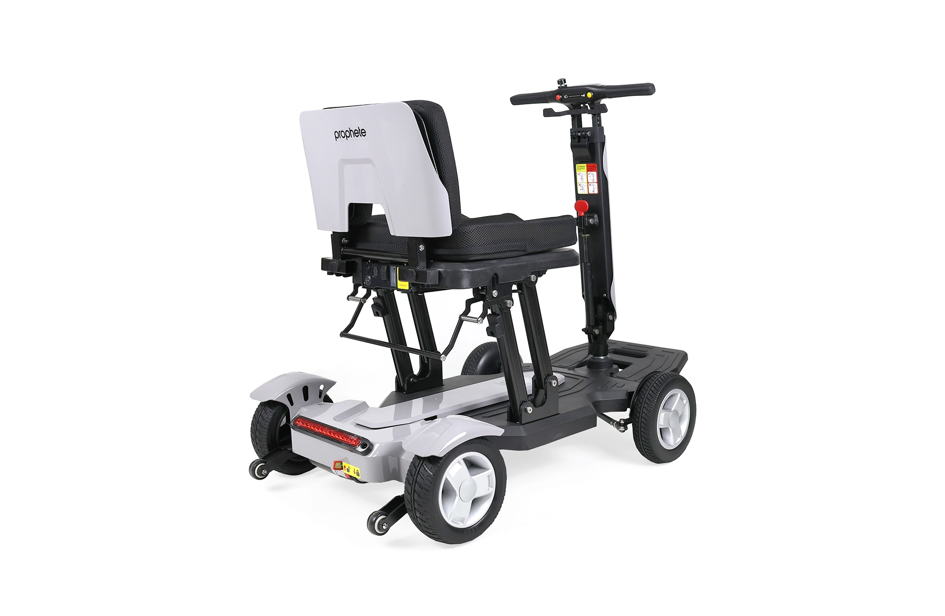 dreiviertelansicht eines grauen elektro-scooters von hinten