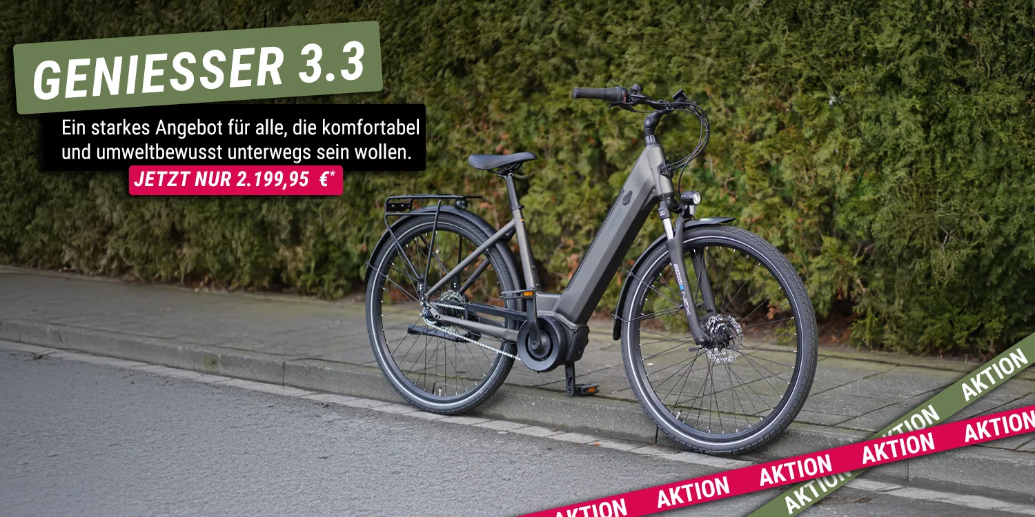 Die Stadt entdecken – jetzt dein E-Bike zum Top-Preis sichern! E‑Bike Geniesser 3.3, am Straßenrand vor einer dichten Hecke