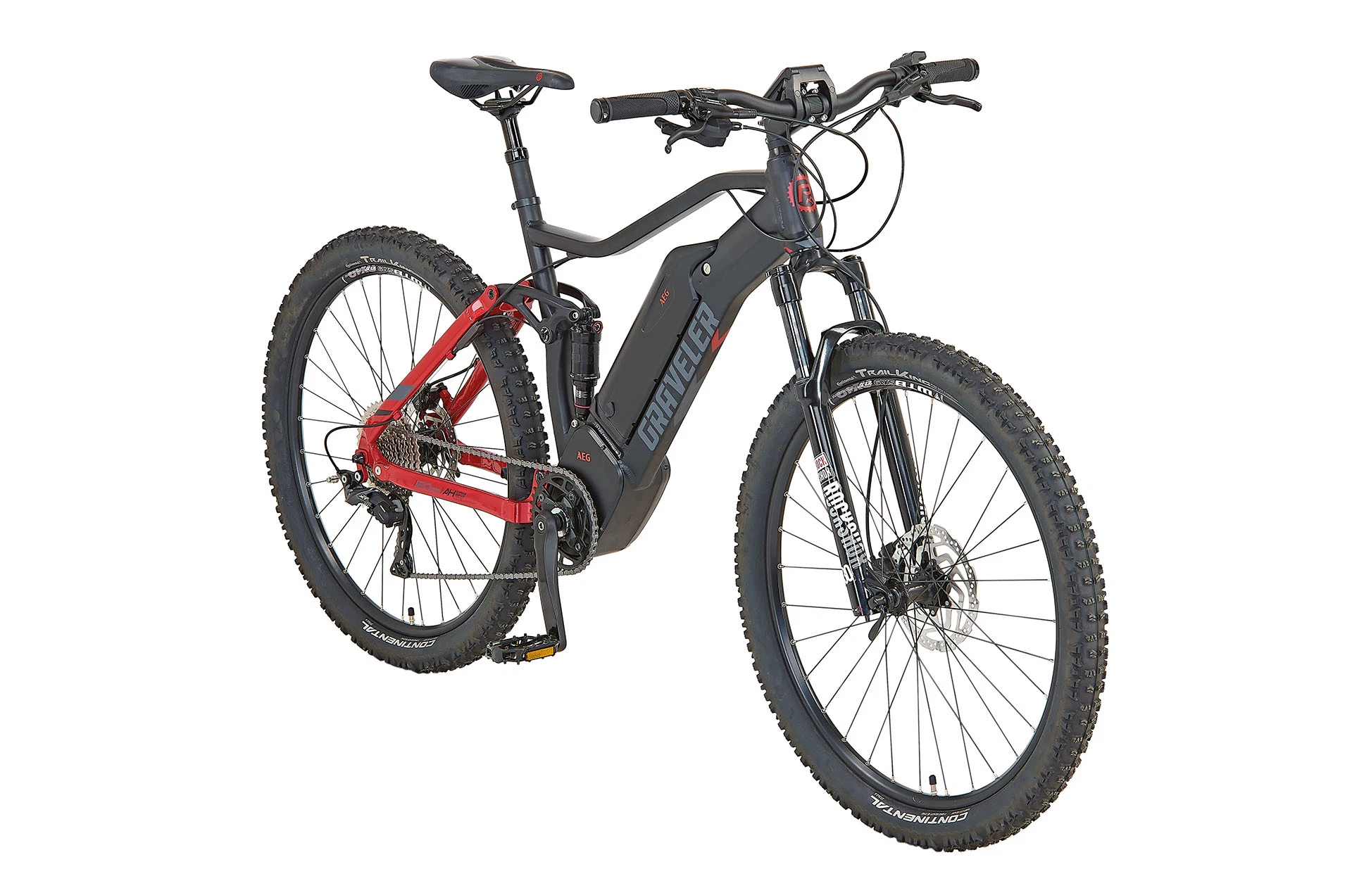 Vollansicht diagonal Prophete Graveler E-MTB Fully mit semiintegriertem Akku am Unterrohr vor weißem Hintergrund