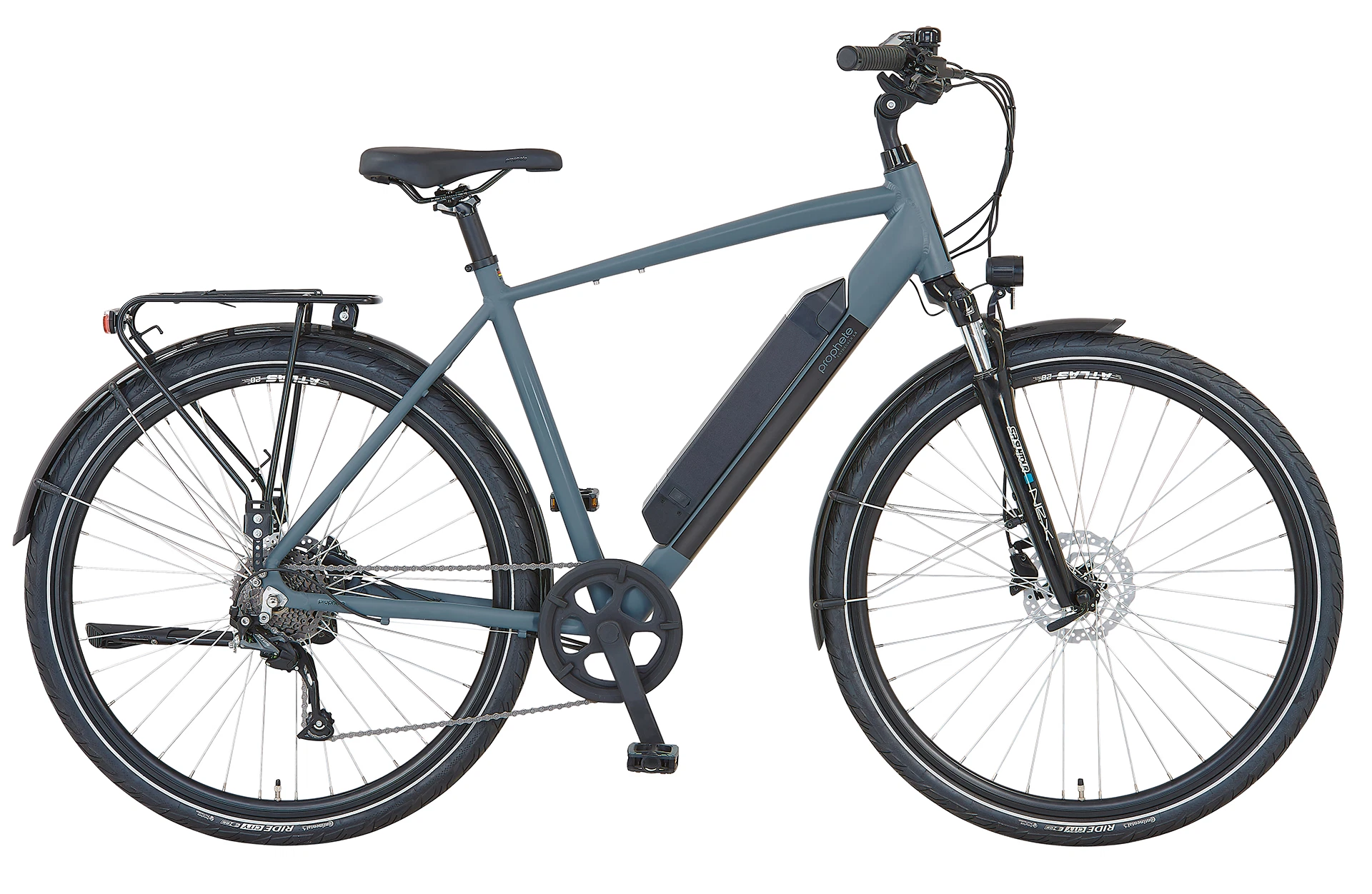 Vollansicht seitlich Prophete Entdecker Trekking E-Bike mit Diamantrahmen vor weißem Hintergrund