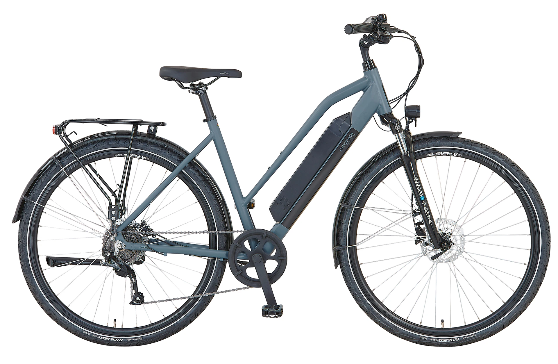 Vollansicht seitlich Prophete Entdecker Trekking E-Bike mit Trapezrahmen vor weißem Hintergrund