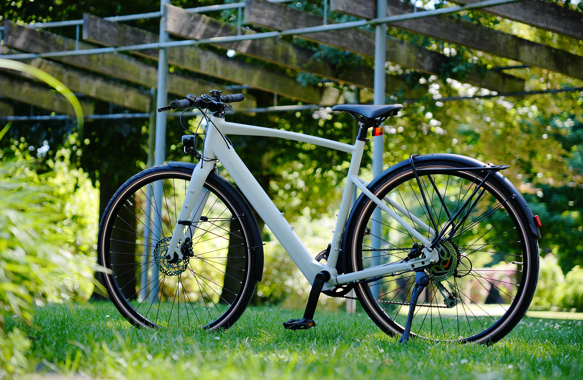 Vollansicht seitlich Prophete Urbanicer 2..9 E-Bike mit Diamantrahmen auf Rasenfläche mit Parkanlage im Hintergrund