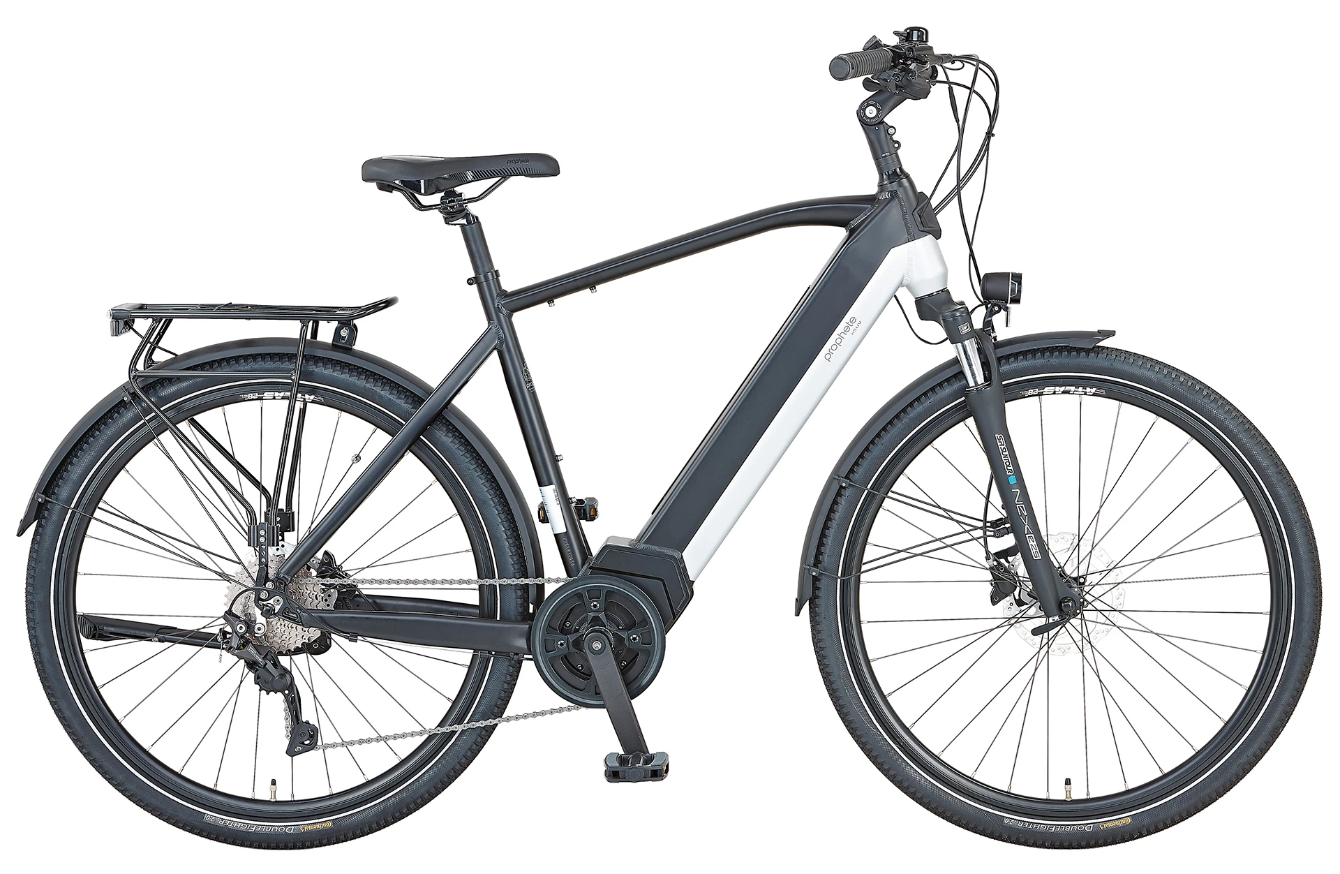 Vollansicht seitlich Prophete Entdecker 5.0 Trekking E-Bike mit vollintegriertem Akku im Diamantrahmen vor weißem Hintergrund