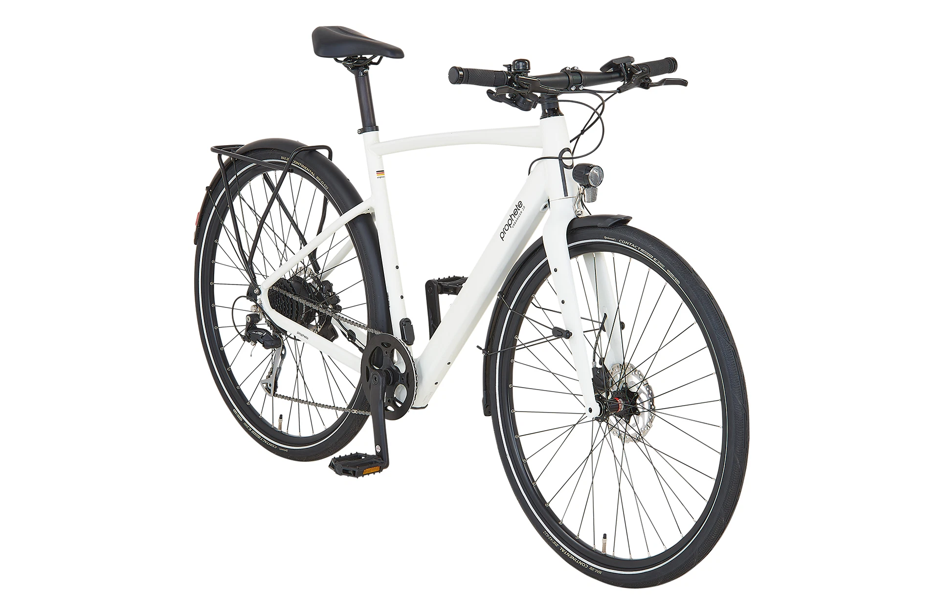 Vollansicht diagonal Prophete URBANICER 2.0 Urban E-Bike mit Diamantrahmen vor weißem Hintergrund