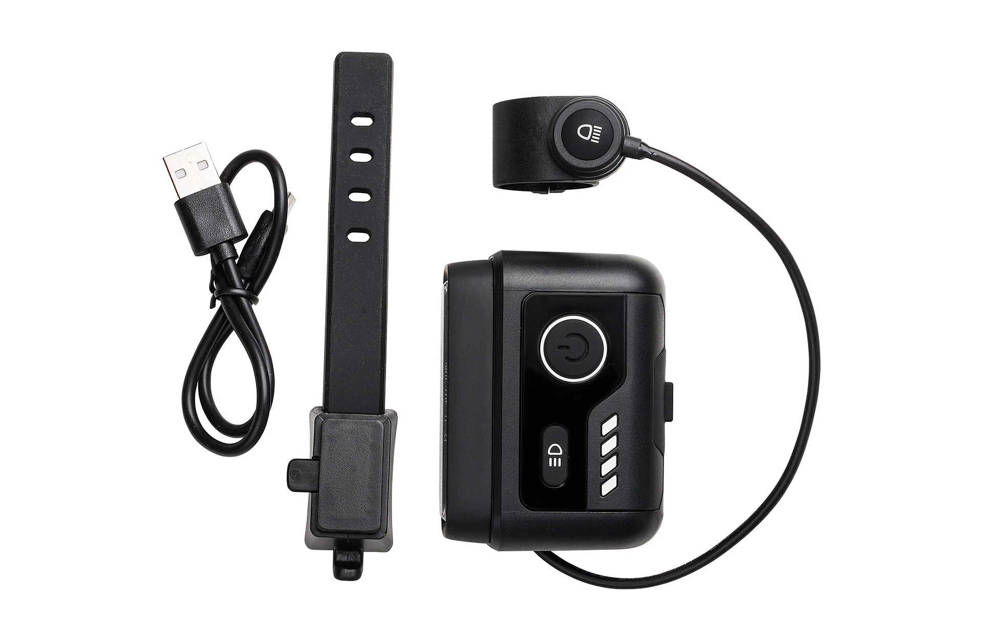 Vollansicht Lieferumfang Scheinwerfer mit Fernlicht Bedieneinheit, USB-C Ladekabel und Silikonhalterung vor weißem Hintergrund