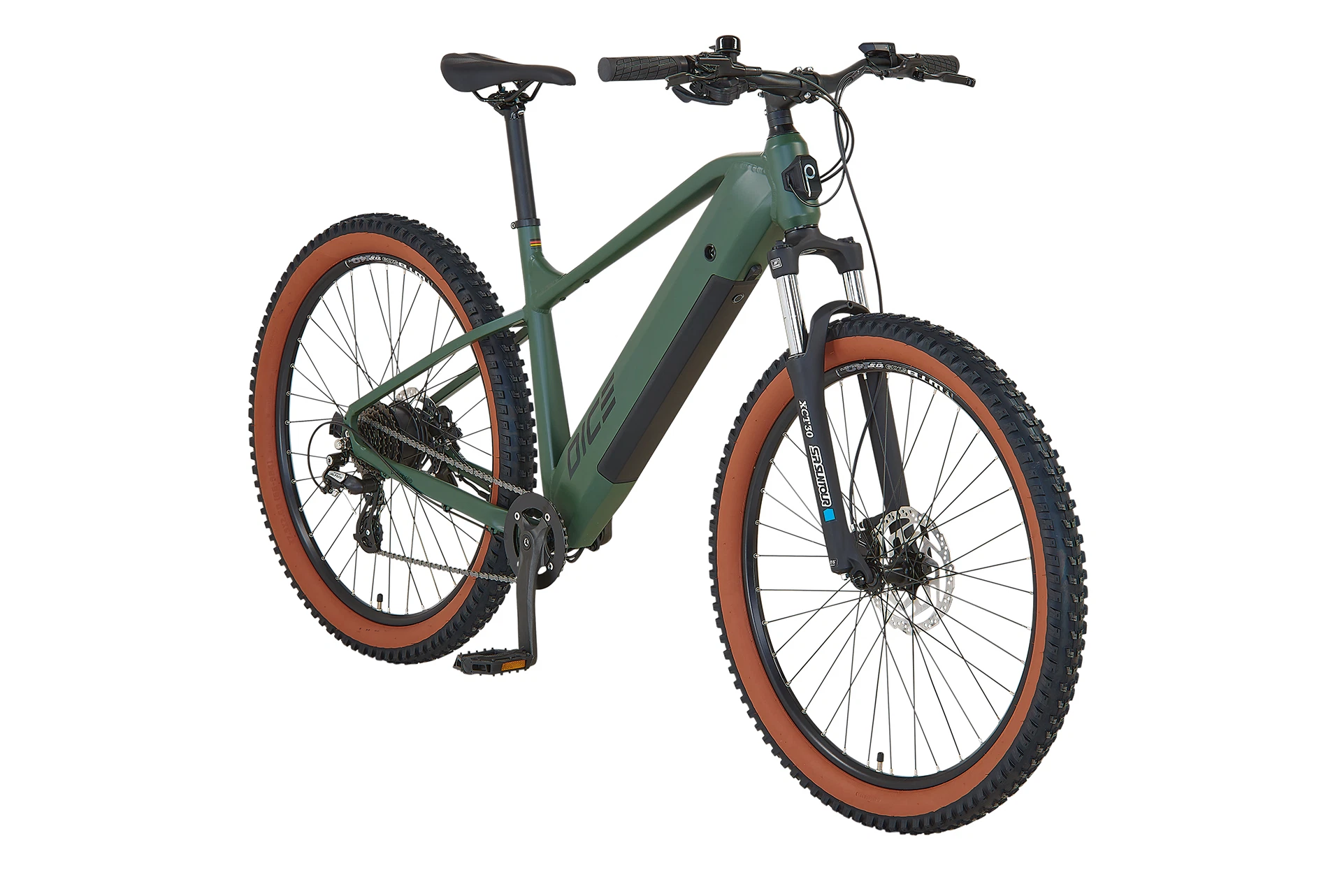 Günes Prophete E-MTB, samt braunen Reifenflanken, schwarzer Akku im rahmen integriert, Federgabel, Scheibenbremsen, Shimano Altus Schaltwerk und pedalen mit Reflektoren