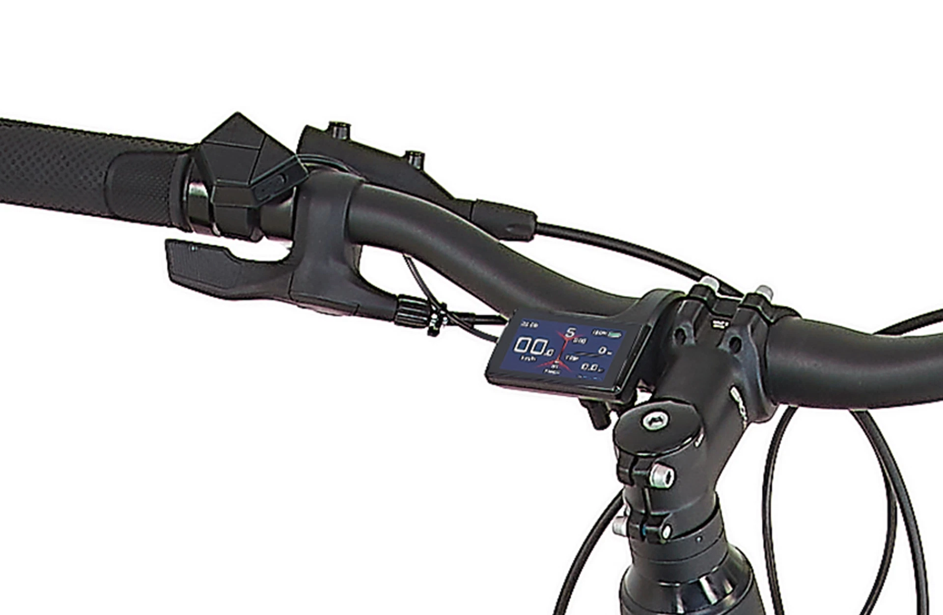 Bildausschnitt Detailansicht Lenker mit vollfarbigem TFT-Display (angeschaltet) vor weißem Hintergrund