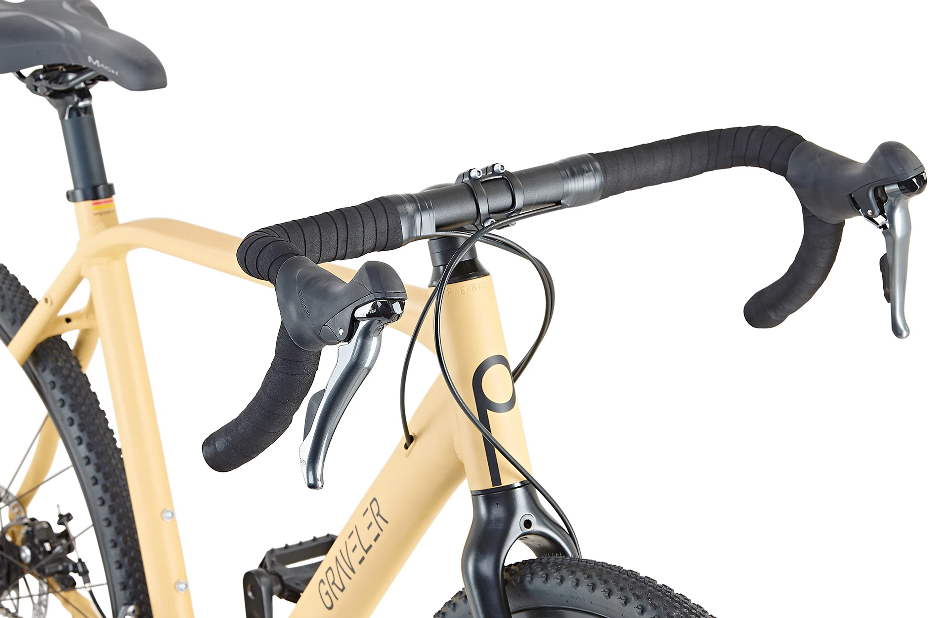 Bildausschnitt Lenker schräg von vorne mit Lenkerband, Bremshebeln, Griffhörnchen und Rahmen mit Prophete Logo im Anschnitt vor weißem Hintergrund