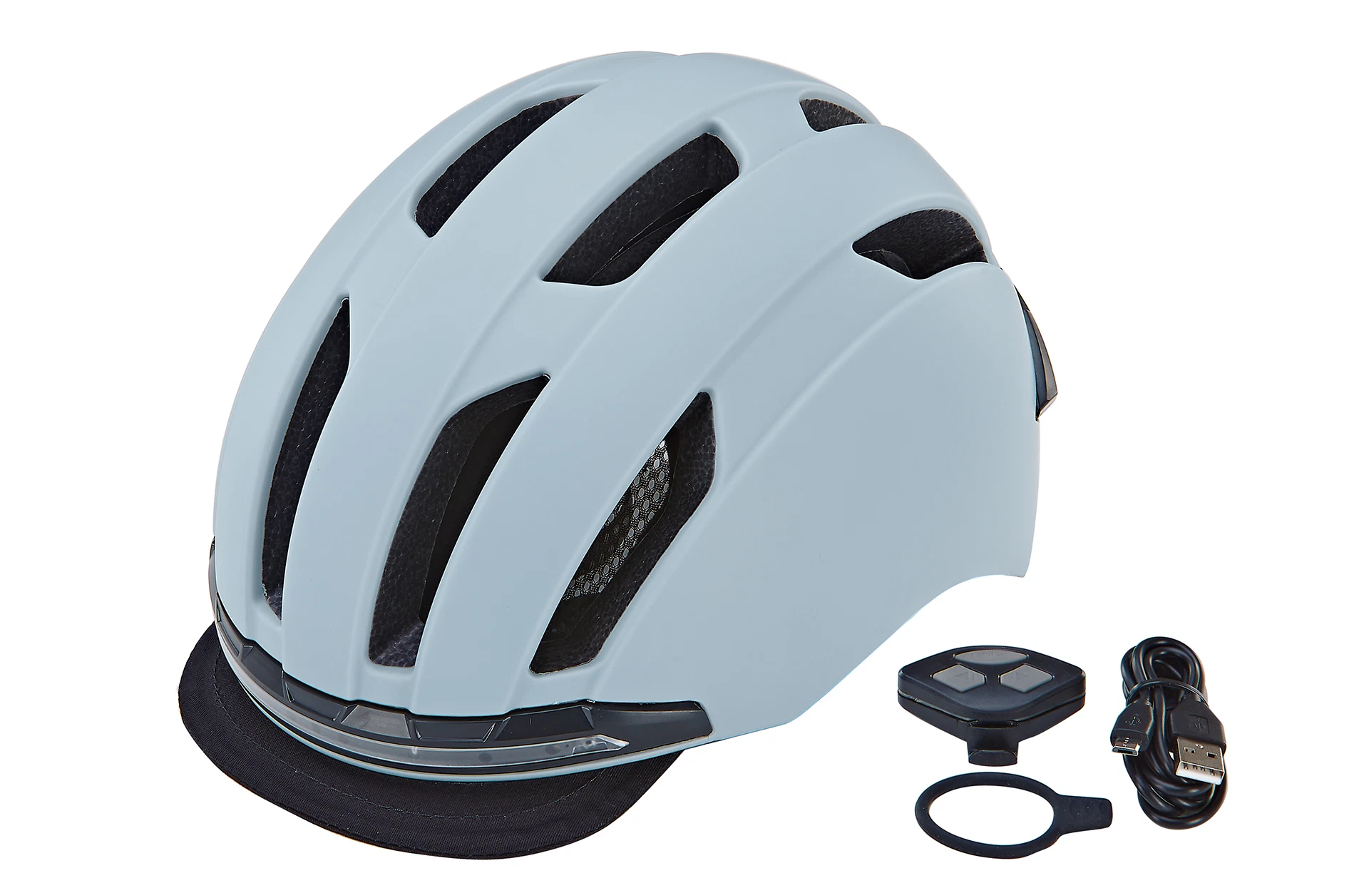 Fahrradhelm grau mit Fernbedienung  - Ansicht von vorne auf weißem Grund