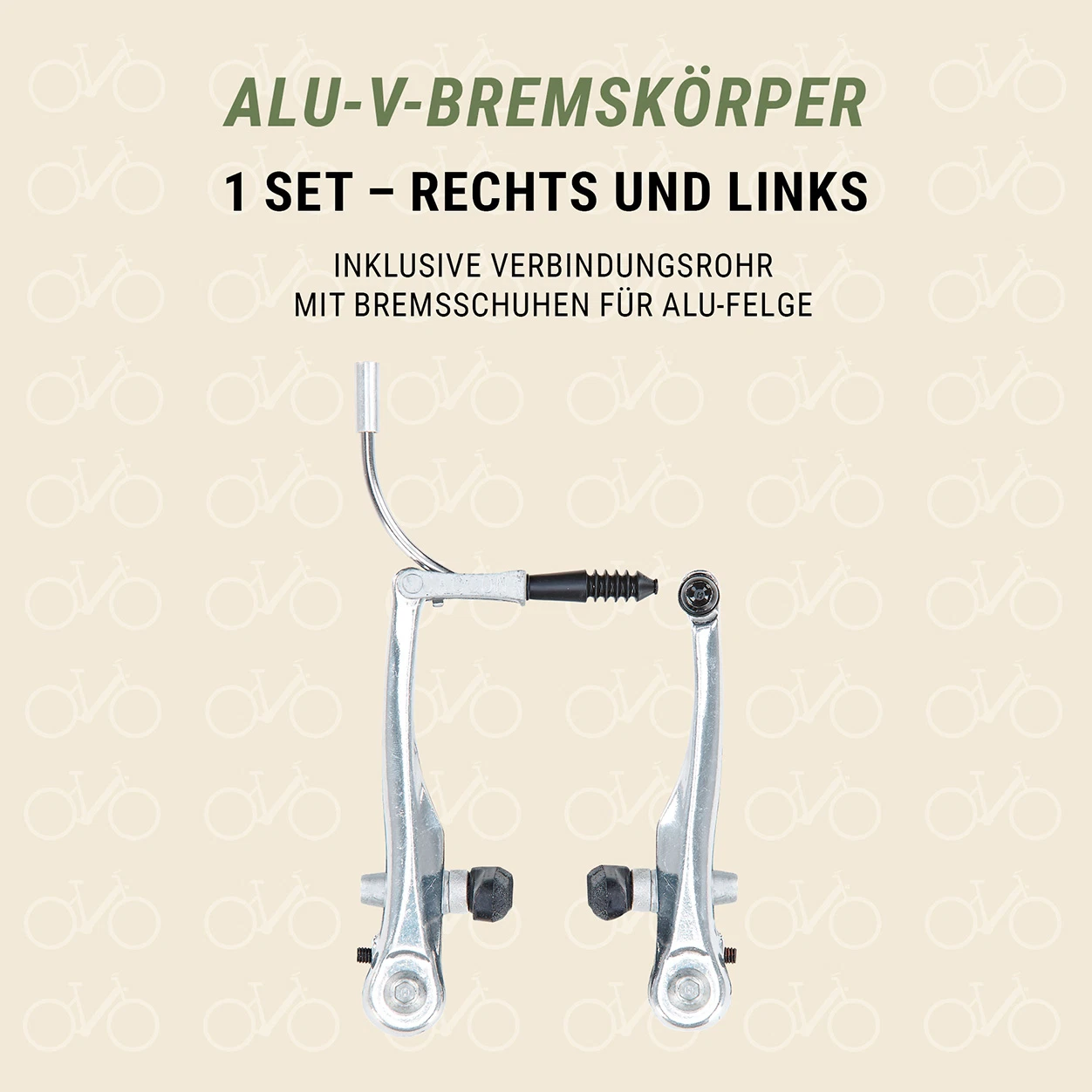 ALU V Bremskörper 1 Set rechts und links mit Verbindungsrohr und Bremsschuhe für Alu Felge  - vorder Ansicht