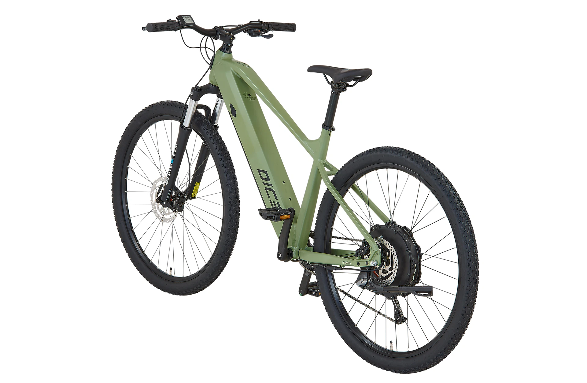 Vollansicht diagonal von hinten links fotografiert Prophete DICE 2.8 E-MTB Hardtail mit vollständig integriertem Akku im Unterrohr vor weißem Hintergrund