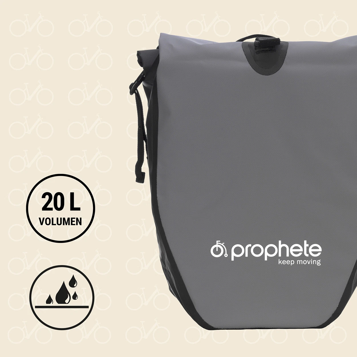 Fahrradtasche grau 20l Volumen - Ansicht von vorne
