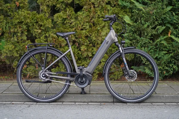 E‑Bike Prophete Geniesser 3.3 in bronze matt im Seitenprofil vor grüner Hecke