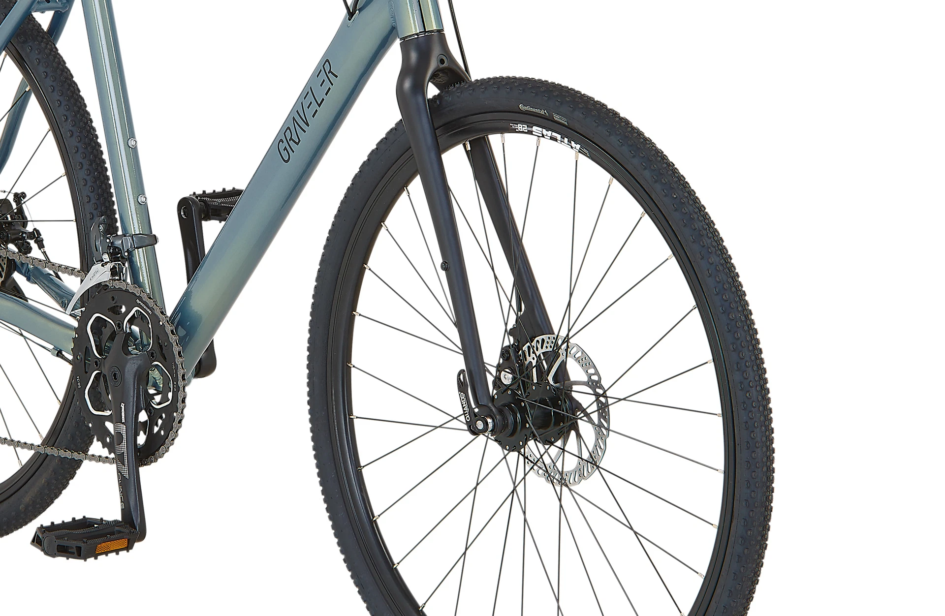 Bildausschnitt Detailansicht Gabel von vorne mit Vorderrad vor weißem Hintergrund