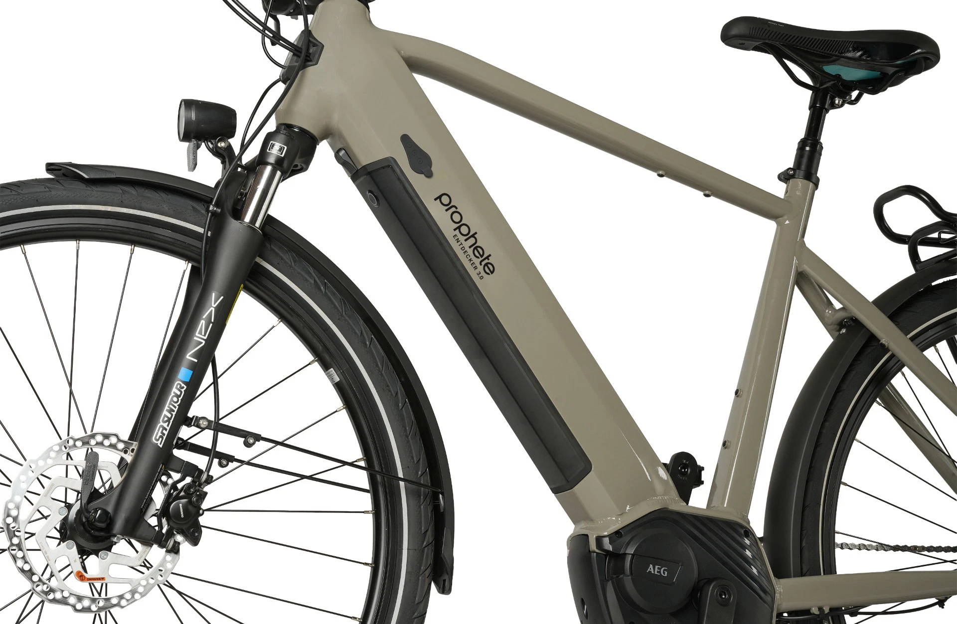 Entdecker 3.0 Trekking E-Bike olivgrün - Detailansicht Akku auf weißem Grund