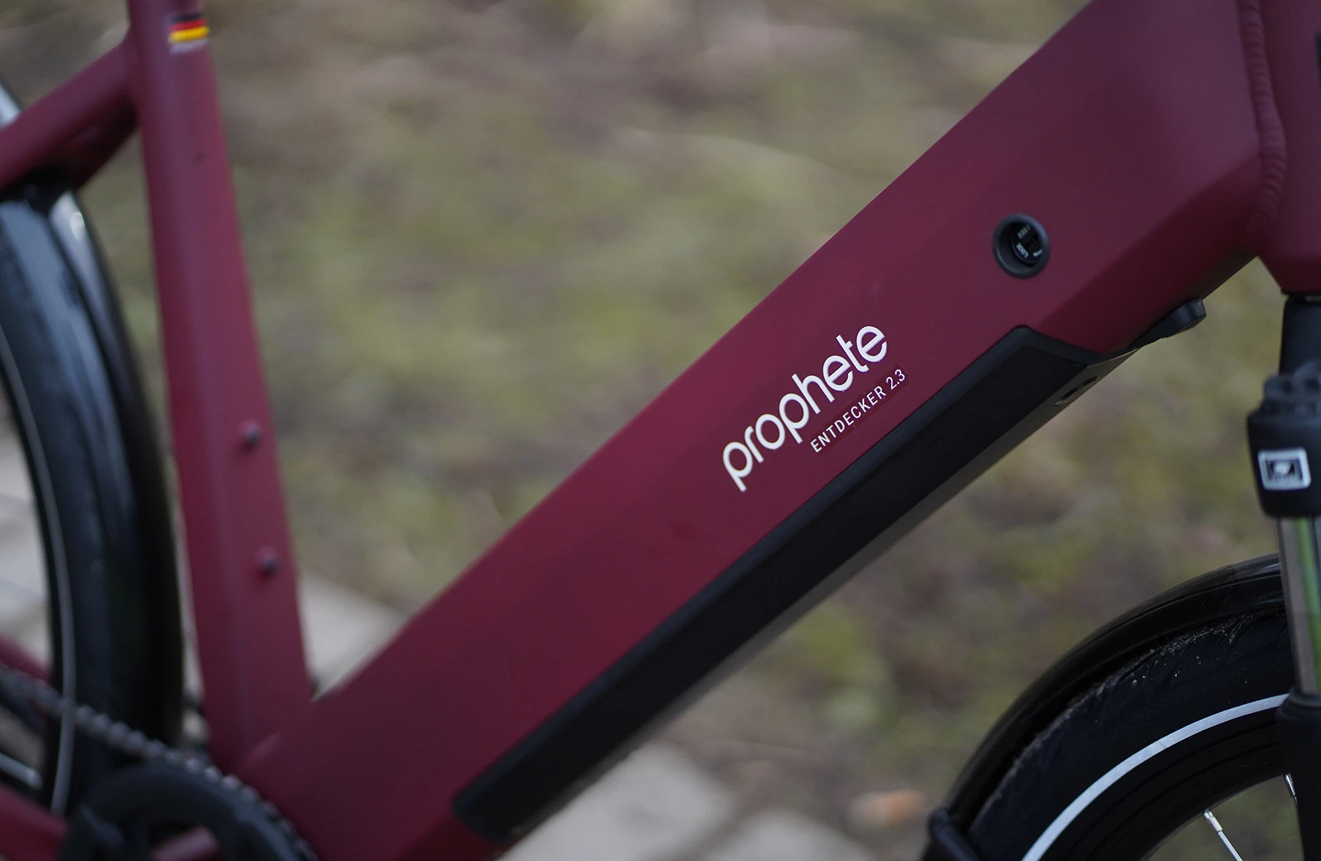 Bildausschnitt Detailansicht Unterrohr Prophete Entdecker 2.3 mit Logo vor unscharfem Hintergrund