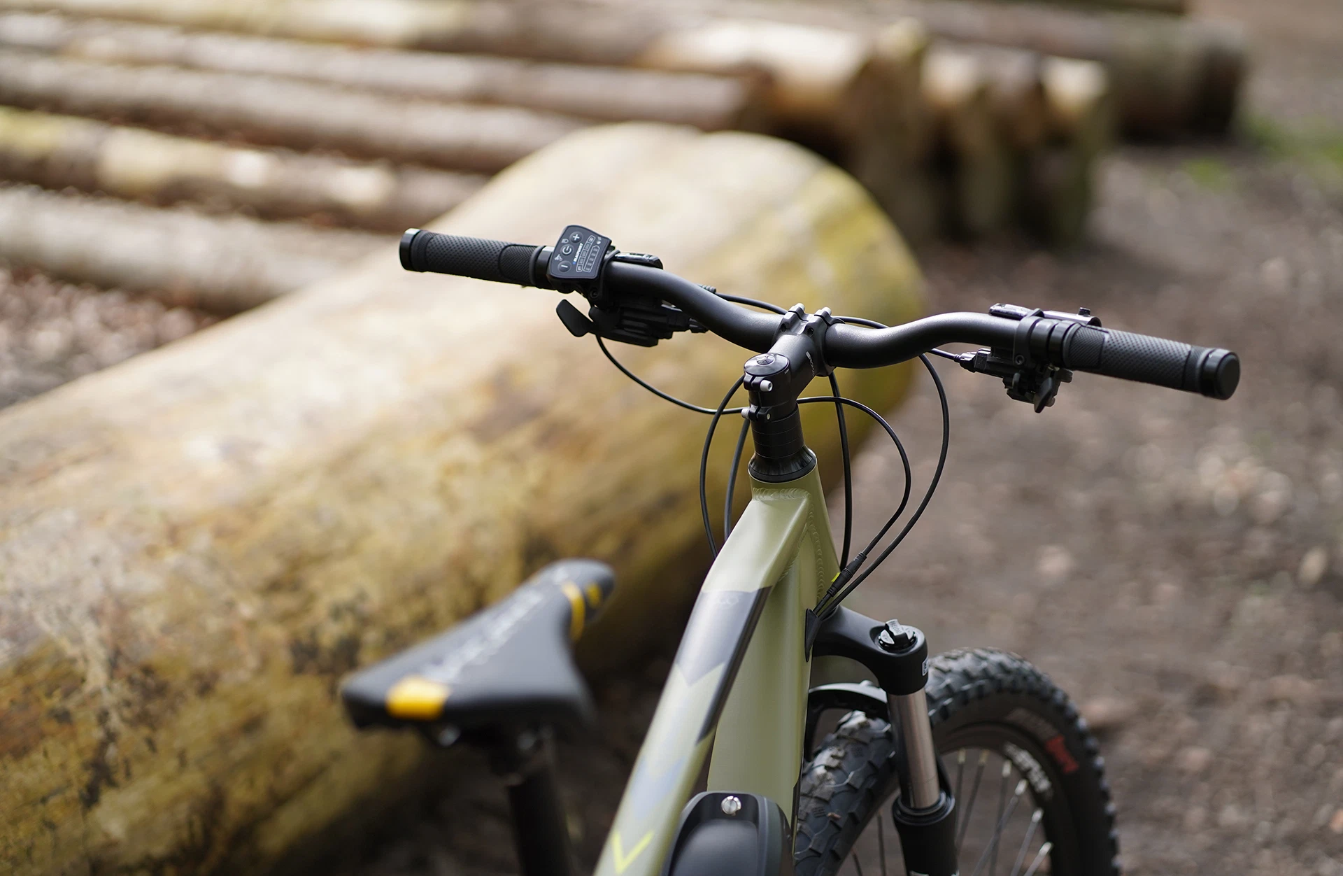 Bildausschnitt Detailansicht Lenker und Sattel von hinten diagonal fotografiert vor waldiger Kulisse