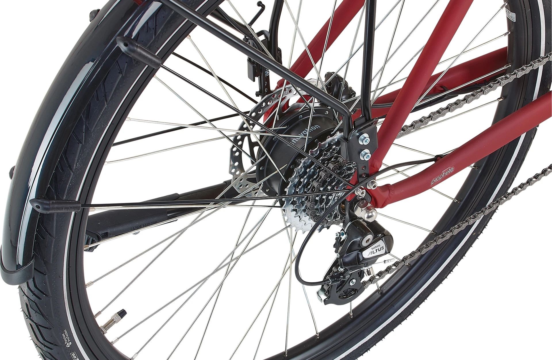 Bildausschnitt Detailansicht Heckmotor am Hinterrad mit Schaltung und Hinterbauständer vor weißem Hintergrund