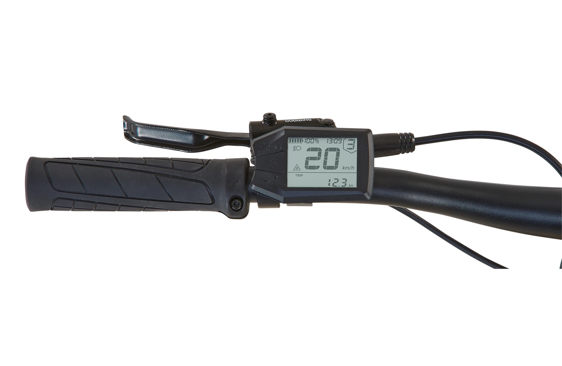 Multifunktions Display am Lenker mit Shimano Schalthebel, zeigt Geschwindigkeit, Akkustand, Uhrzeit und km an; Schwarzer Griff