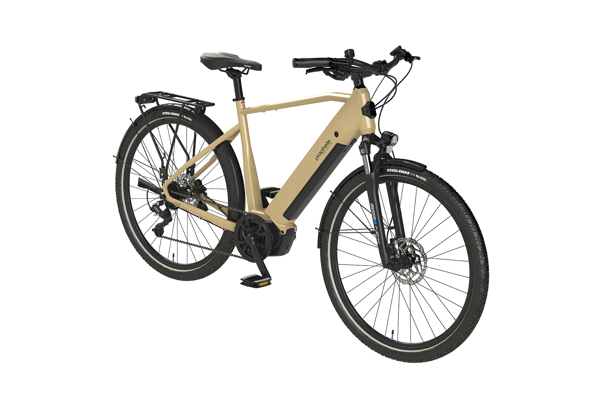Vollansicht diagonal Prophete Entdecker 3.4 Trekking E-Bike mit vollintegriertem Akku im Diamantrahmen vor weißem Hintergrund