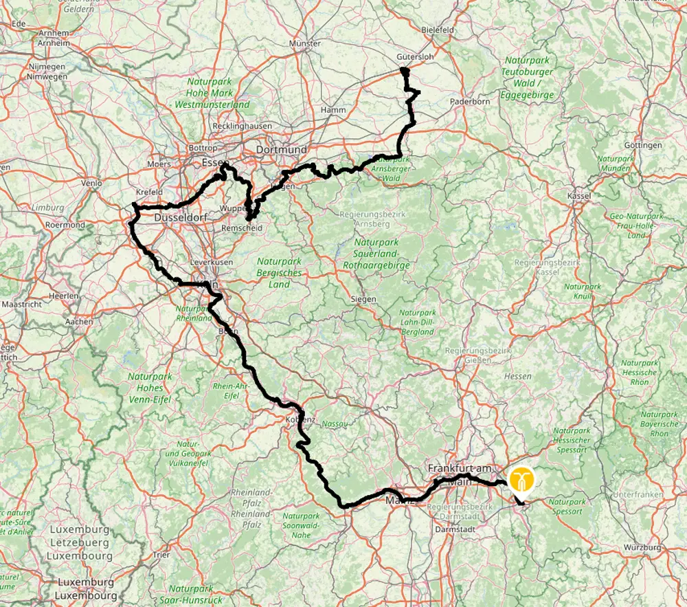 Routenkarte der Prophete-Langdistanz-Tour – Strecke von Rheda-Wiedenbrück über Dortmund, Düsseldorf und Frankfurt bis Mainz