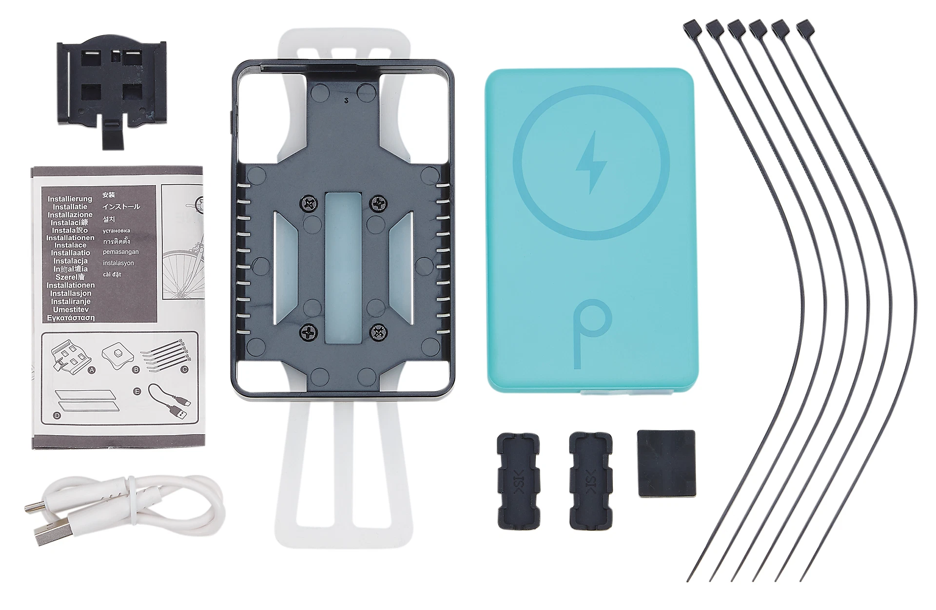 Smartphone Halterung mit Power Bank und Befestigung - Ansicht von oben auf weißem Grund