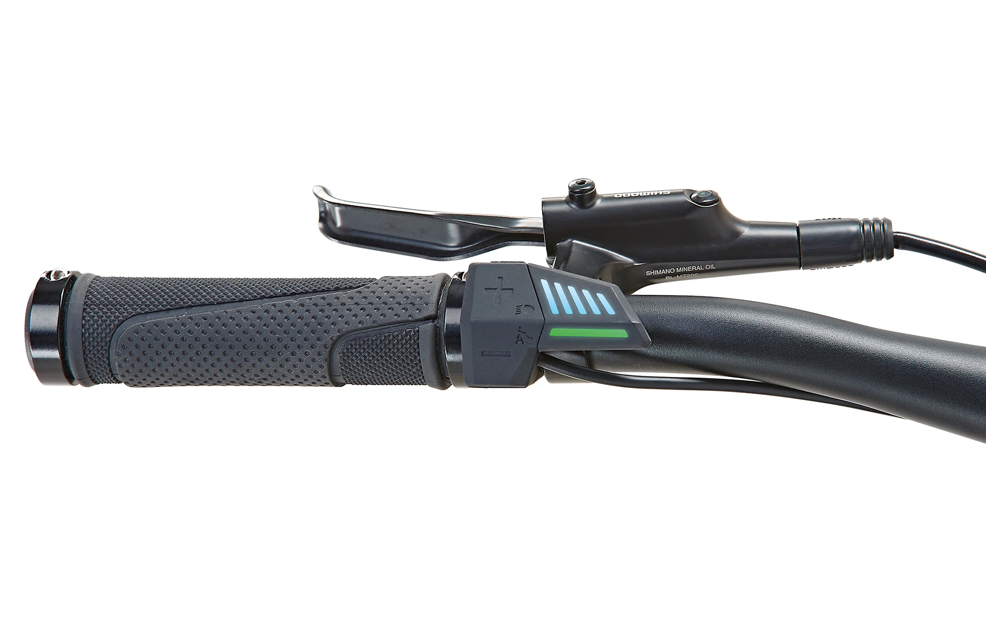 Lenkersteuerung mit LED-Anzeige für die Unterstützungsstufen des PROPHETE E-MTB. Ergonomischer Griff und Shimano-Bremshebel für optimale Kontrolle