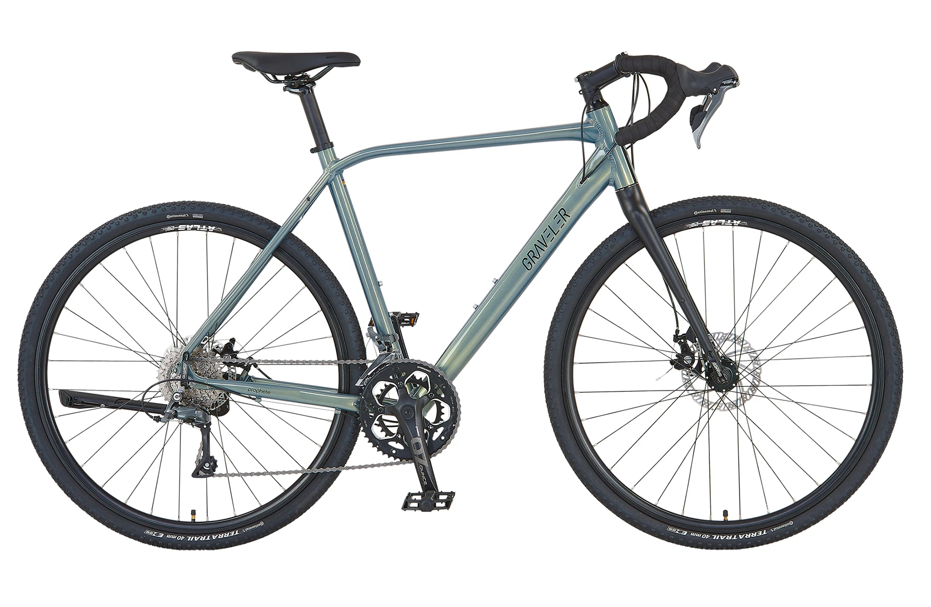 Vollansicht seitlich Prophete Graveler Bike mit Dropbar vor weißem Hintergrund