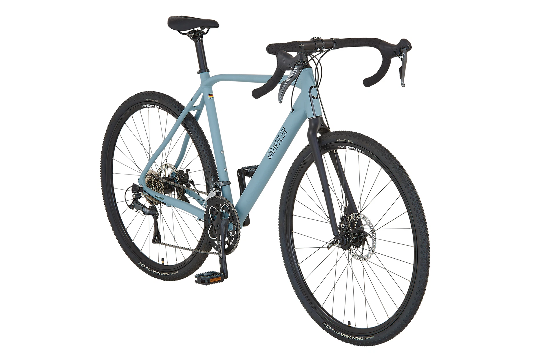 Vollansicht diagonal Prophete Graveler Bike mit Dropbar vor weißem Hintergrund