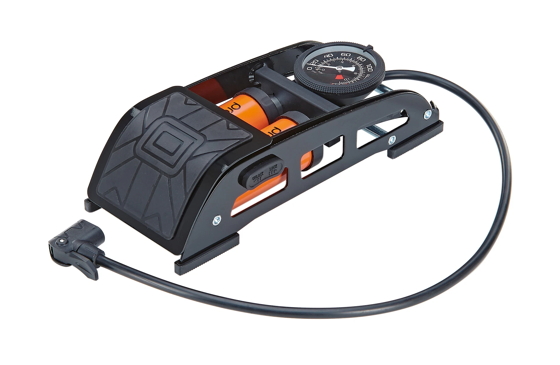 Fusspumpe mit Manometer - diagonale Ansicht auf weißem Grund