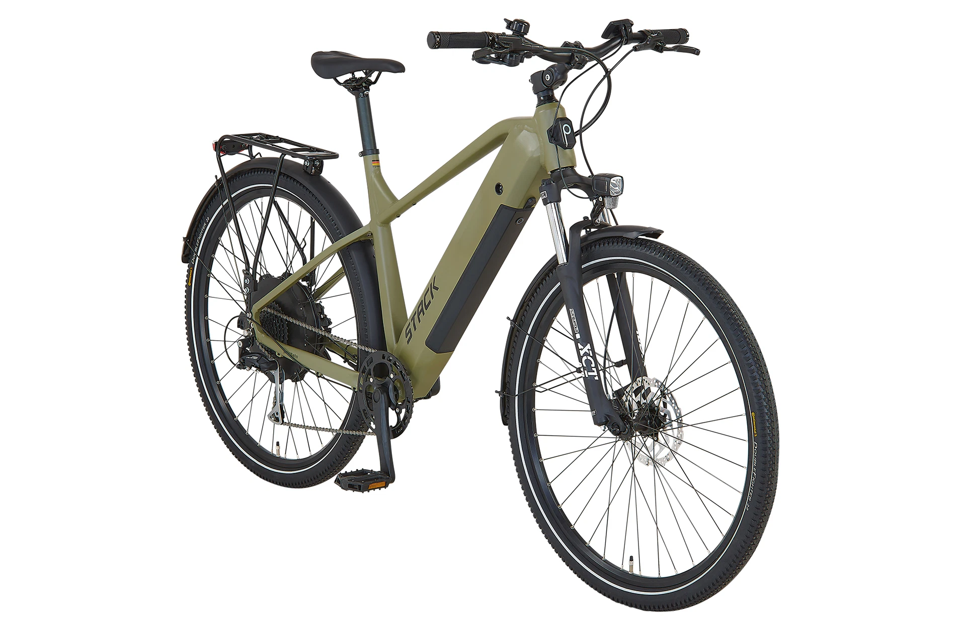 Vollansicht diagonal Prophete STACK E-Bike samt integriertem Akku, Federgabel, Hinterradmotor und hydraulischen Scheibenbremsen vor weißem Hintergrund