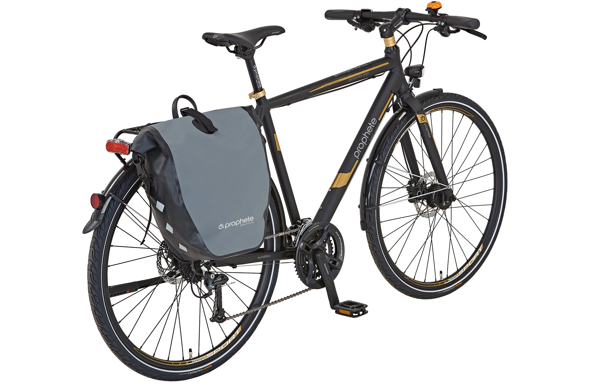 Packtasche grau Prophete montiert an Fahrrad - diagonale Ansicht auf weißem Grund