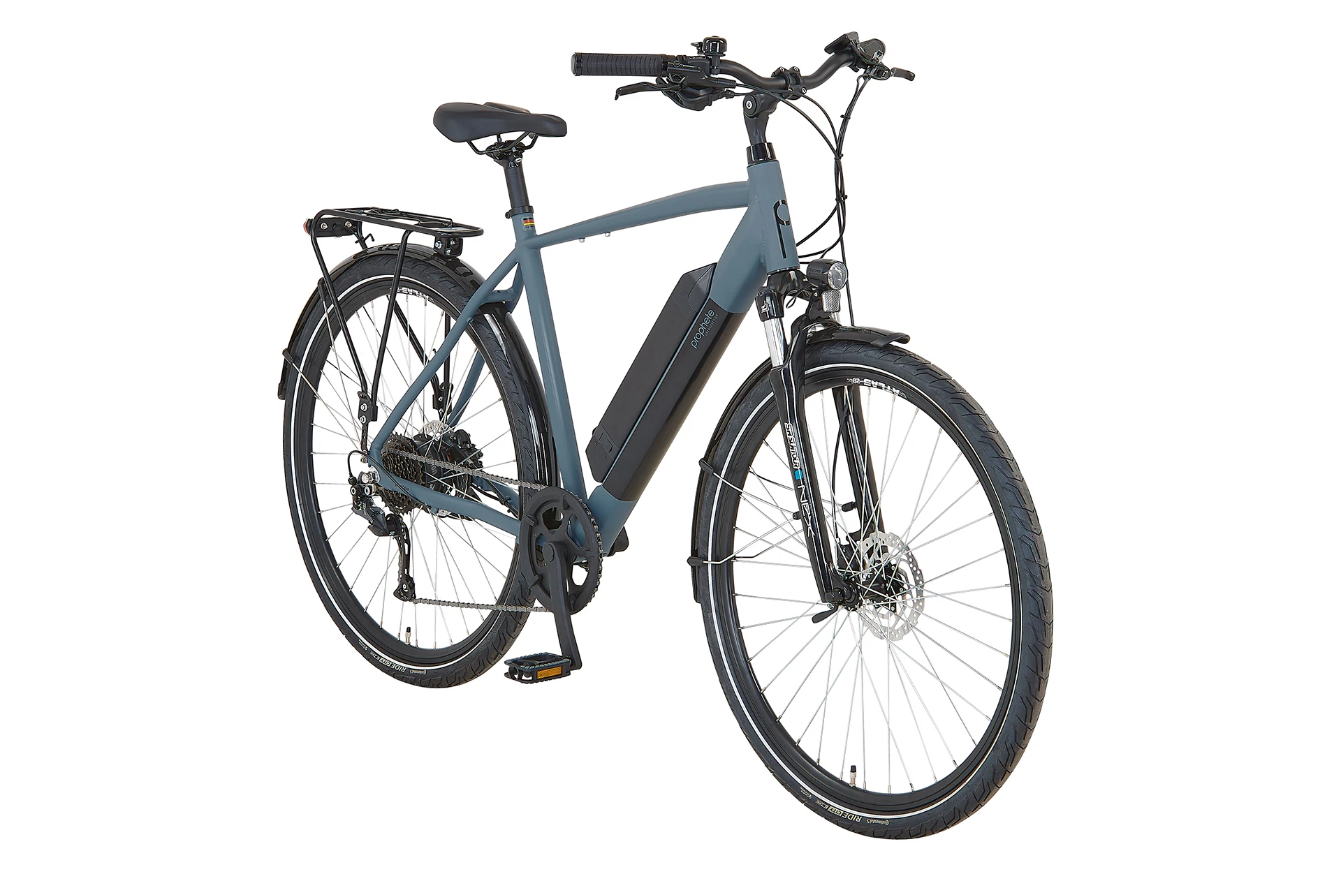 Vollansicht diagonal Prophete Entdecker Trekking E-Bike mit Diamantrahmen vor weißem Hintergrund