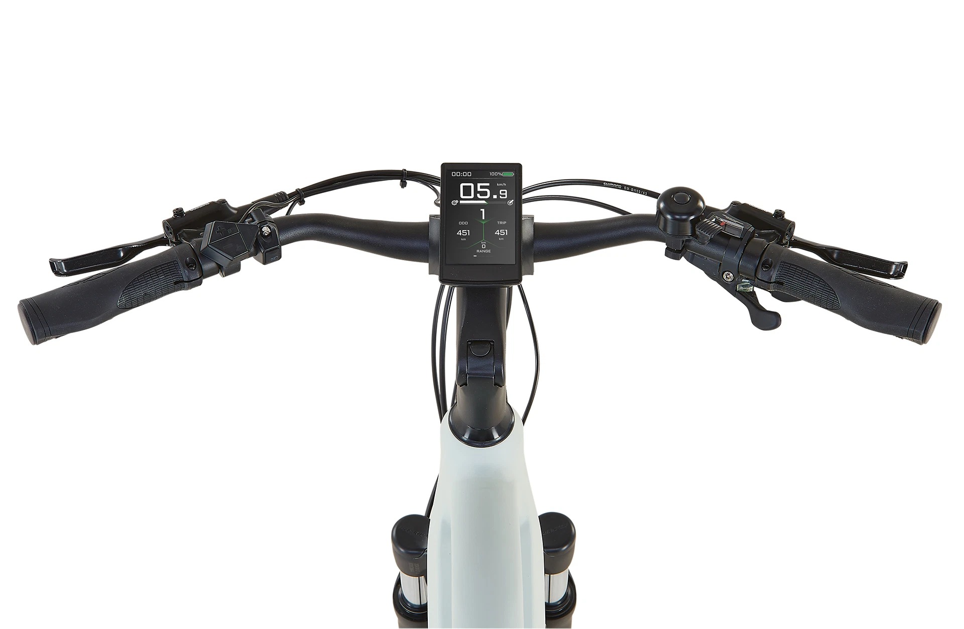 Bildausschnitt Lenker mit vollfarbigem TFT-Display, ergonomischen Griffen und intuitiver Bedieneinheit vor weißem Hintergrund