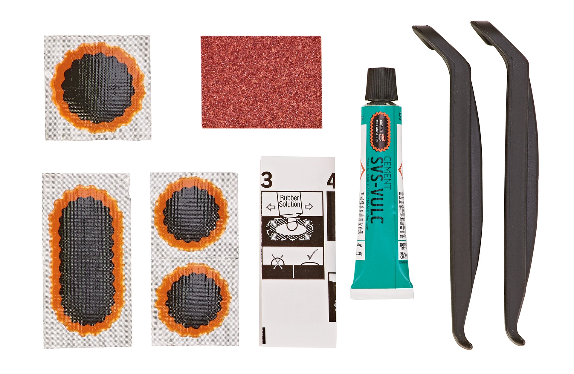 Flickset kompletter Inhalt - Ansicht von oben auf weißem Grund