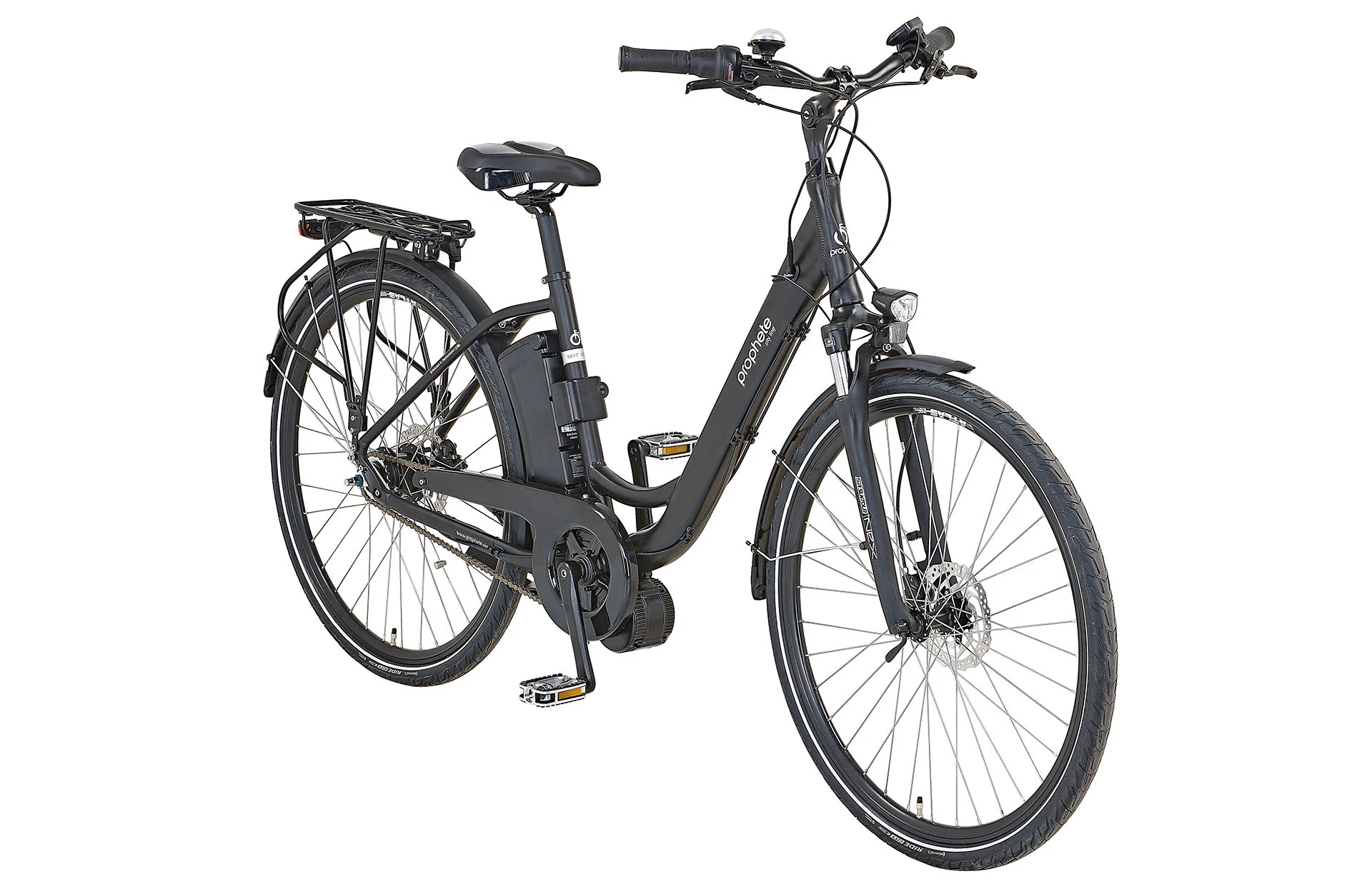 Vollansicht diagonal Prophete City Line E-Bike mit SideClick Akku vor weißem Hintergrund