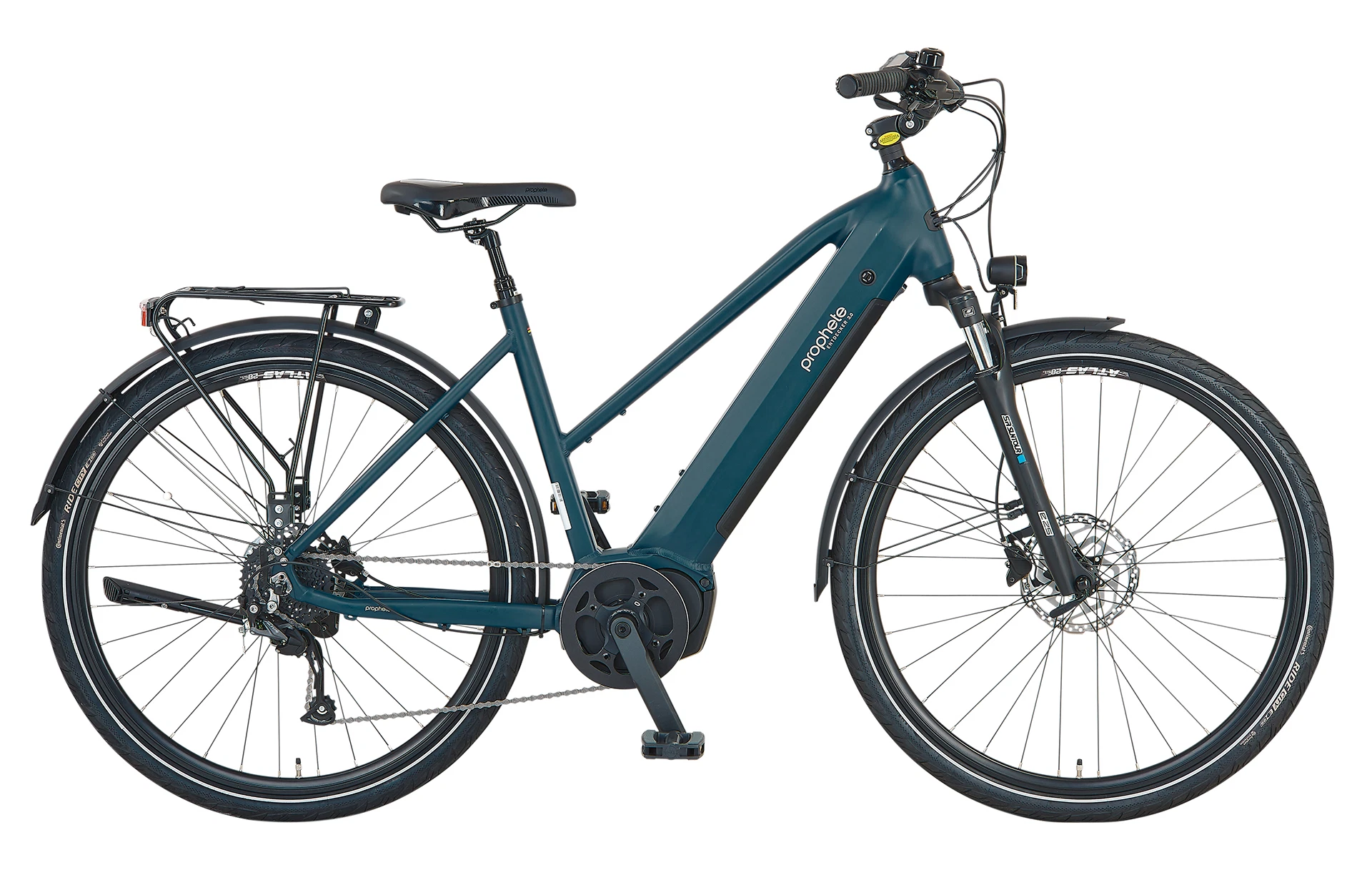 Vollansicht seitlich Prophete Entdecker 3.0 Trekking E-Bike mit vollintegriertem Akku im Trapezrahmen vor weißem Hintergrund