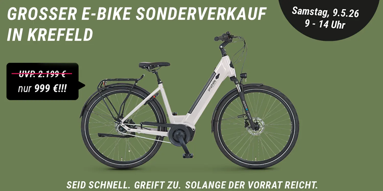 Werbebanner mit Prophete Geniesser 3.3 E‑Bike, Preisreduzierung auf 999 Euro und Termin-Hinweis zum Sonderverkauf in Krefeld