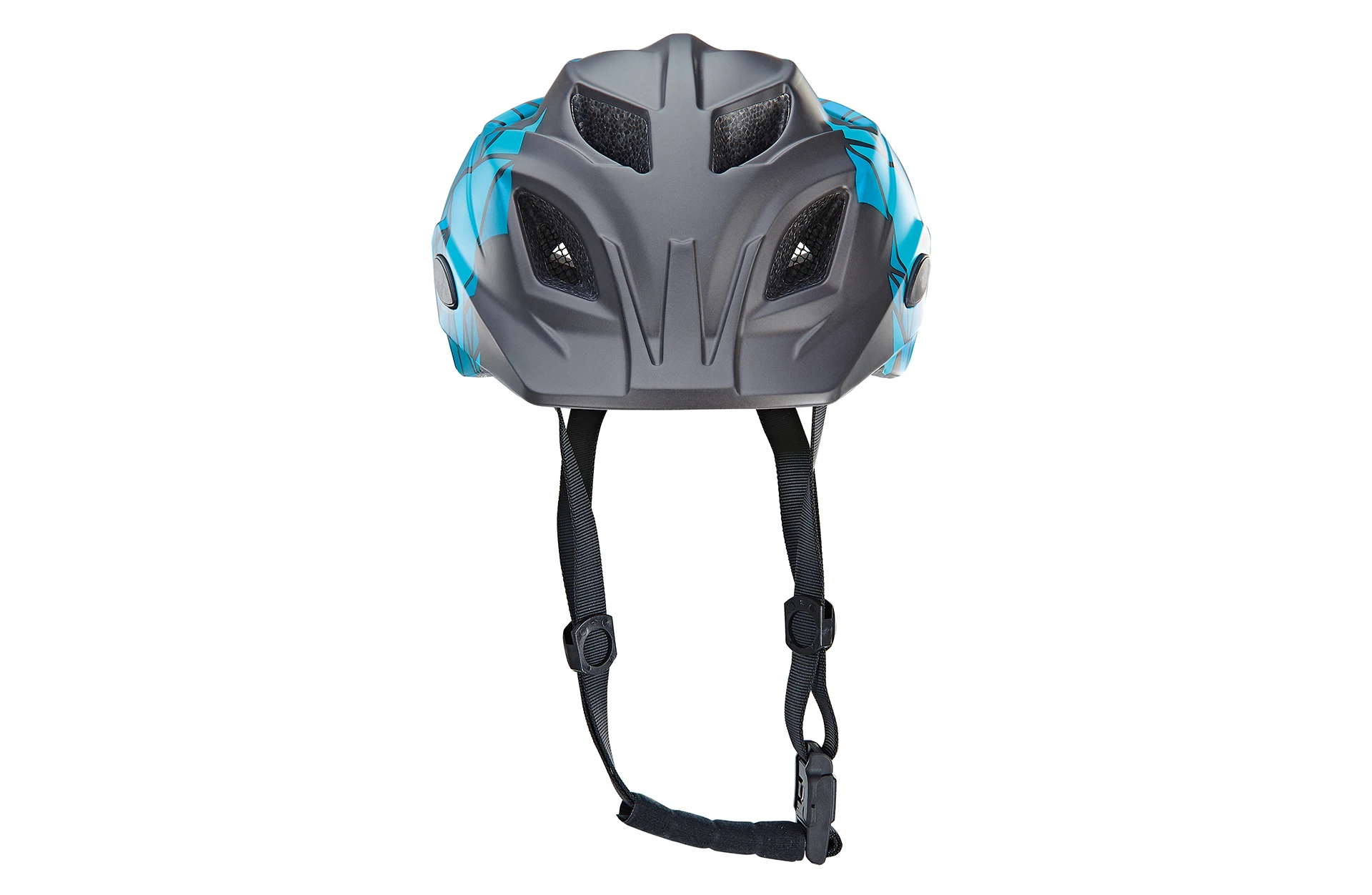 Fahrradhelm Kinder schwarz/blau - Ansicht von vorne auf weißem Grund