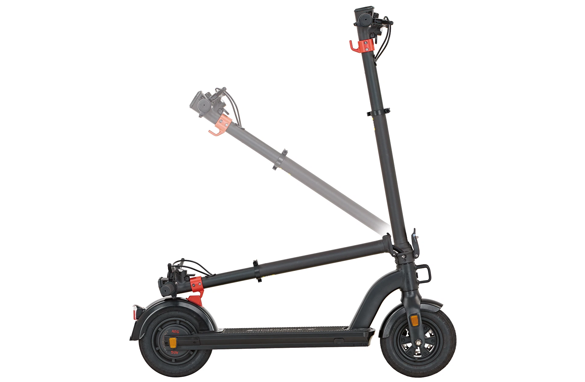 Vollansicht angedeuteter Klappvorgang Prophete E-Scooter 10" mit Arretierung am hinteren Schutzblech vor weißtem Hintergrund