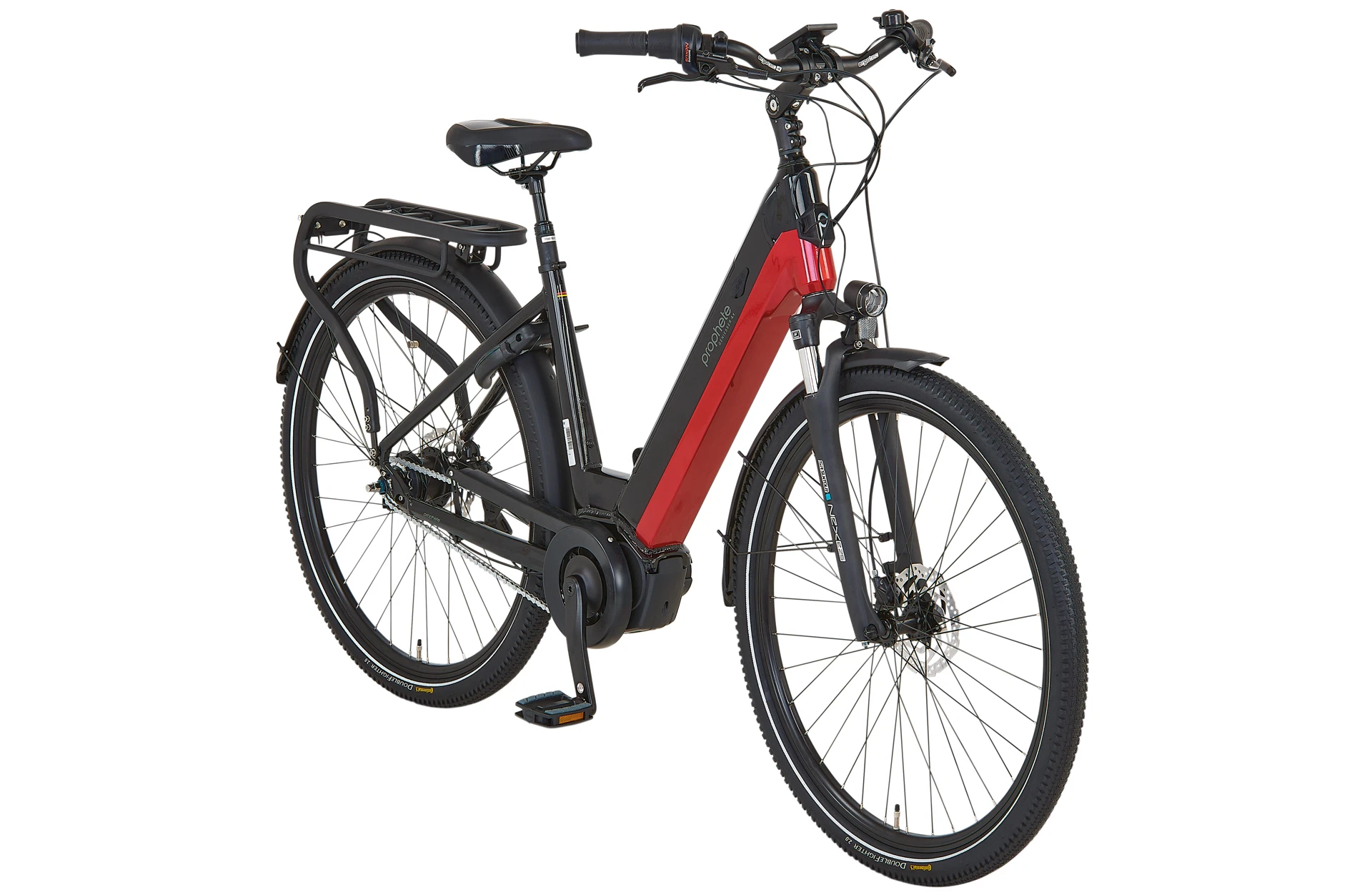Vollansicht diagonal Prophete Geniesser 4.1 City E-Bike mit vollintegriertem Akku vor weißem Hintergrund