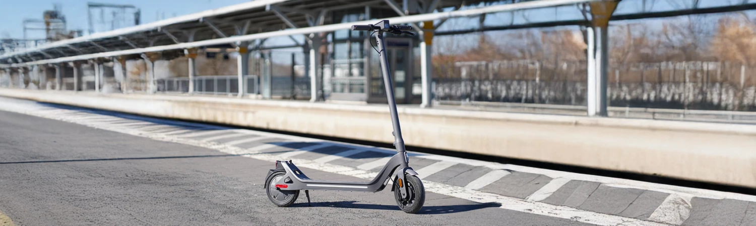 Vollansicht Diagonal E-Scooter Prophete TWO am Bahnsteig mit Bäumen im Hintergrund
