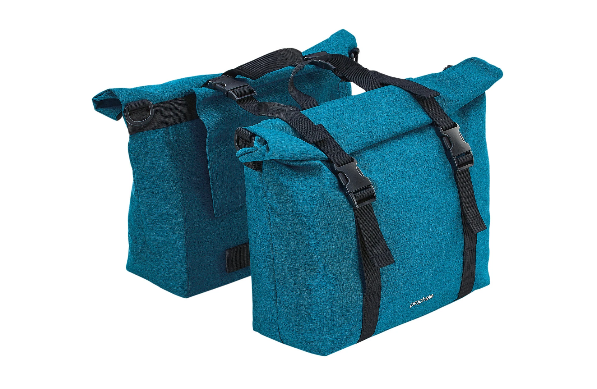 Doppelpacktasche diagonale Vollansicht in petrolblau vor weißem Hintergrund mit Schnallen und Griffen