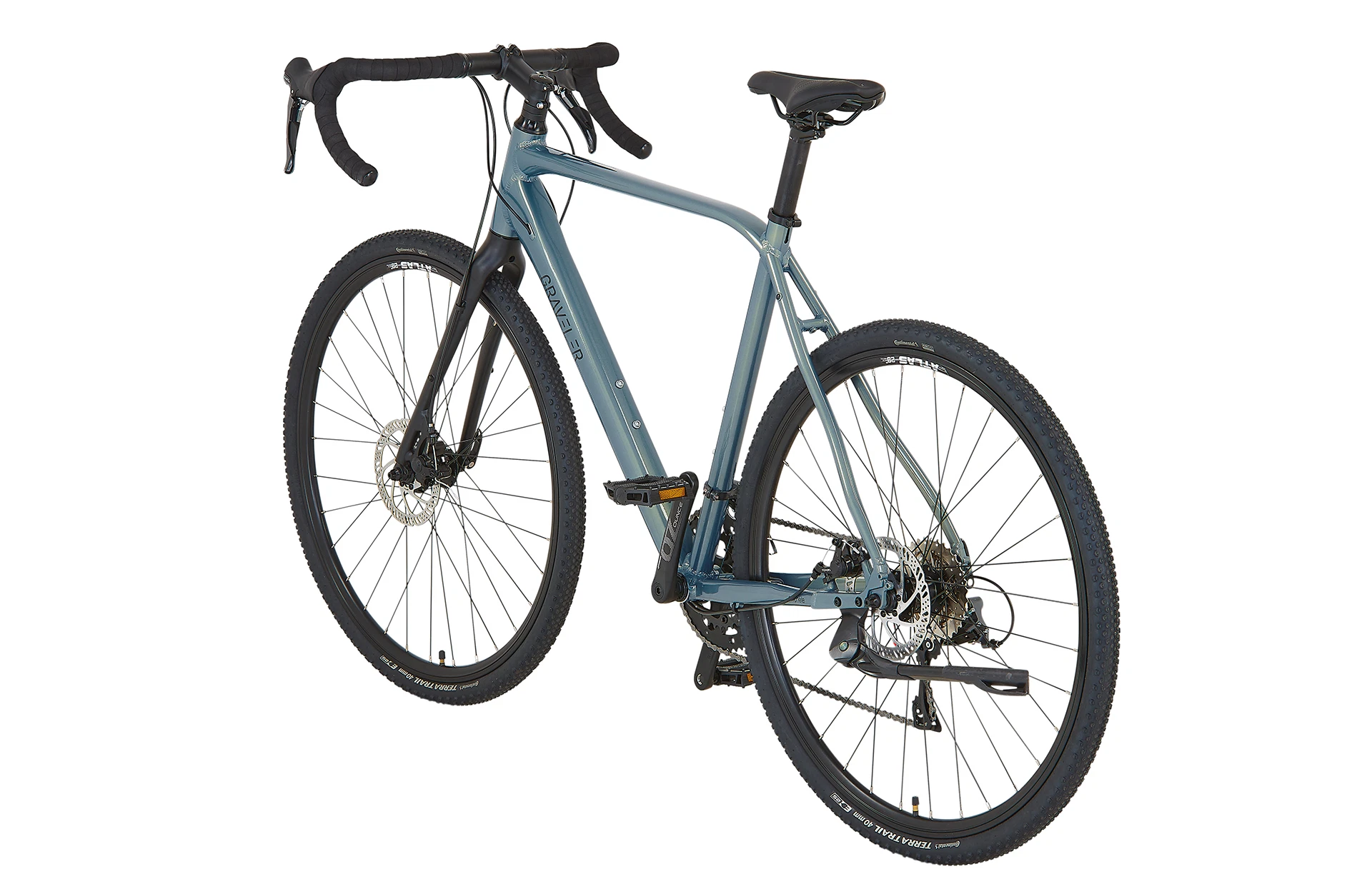 Vollansicht diagonal von hinten fotografiert Prophete Graveler Bike vor weißem Hintergrund