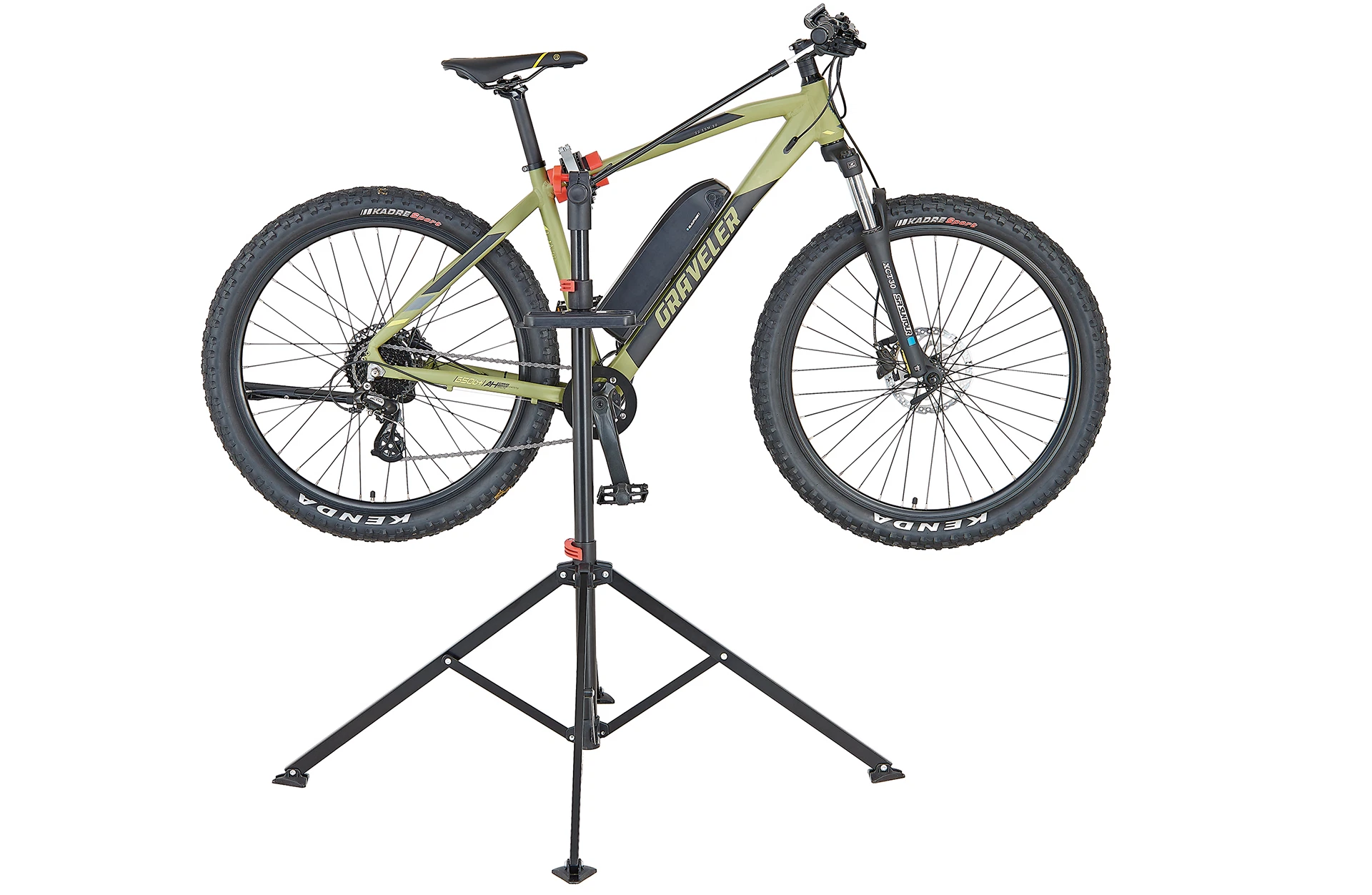 Montageständer schwarz/rot mit Mountainbike - Ansicht von vorne auf weißem Grund