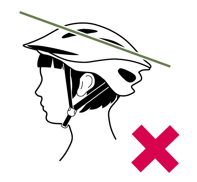 Fahrradhelm falsch getragen – zu weit nach hinten geneigt, Stirn ungeschützt, rotes X markiert falsche Position