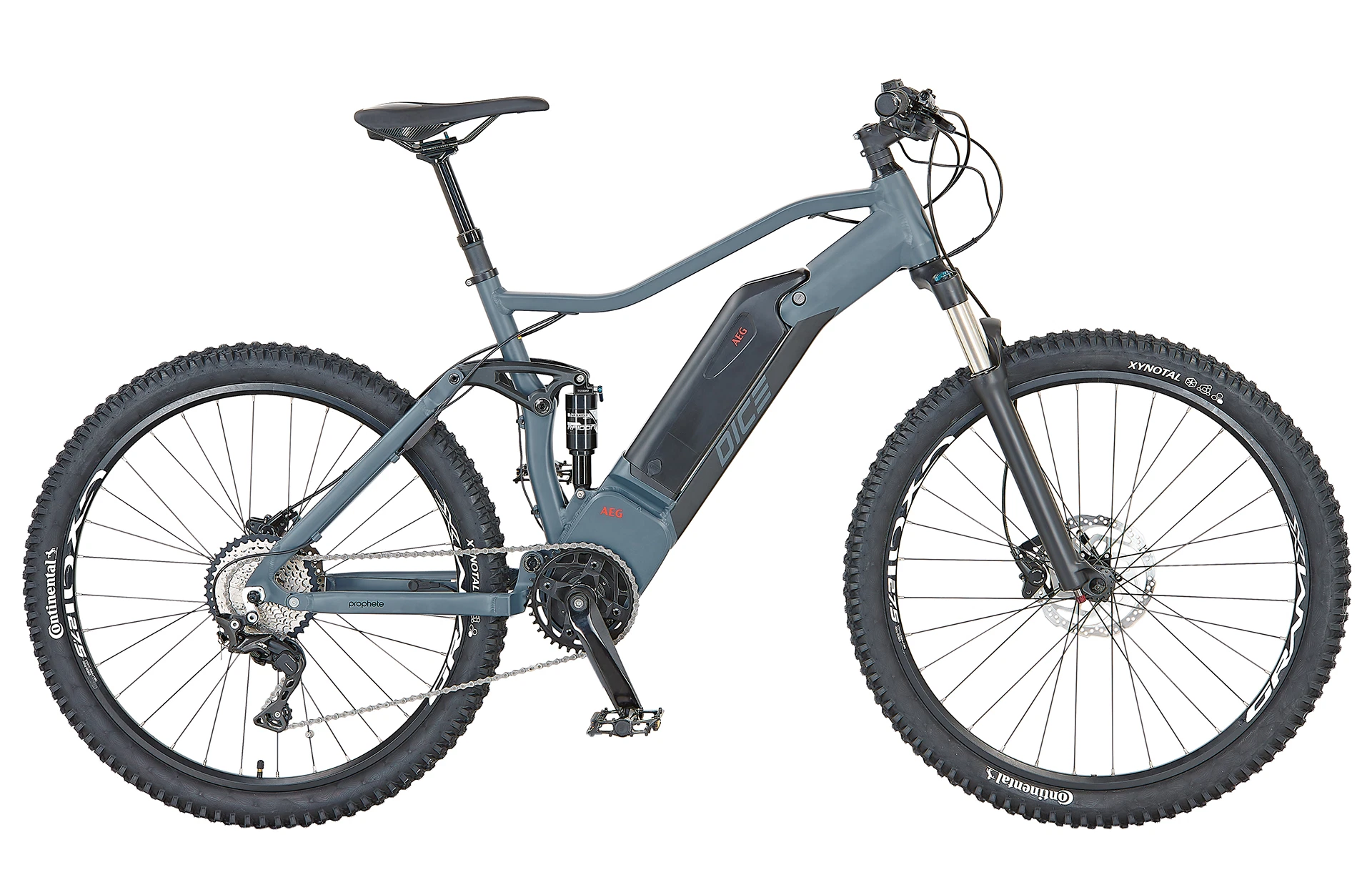 Vollansicht seitlich Prophete DICE 4.0 E-MTB Fully vor weißem Hintergrund